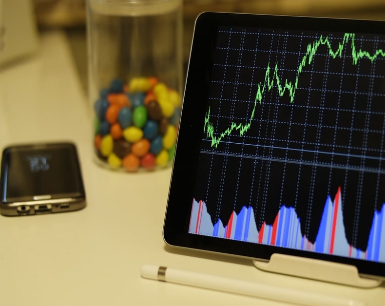 Tablet displays a stock market chart with a rising green line and color bars on a stand, on a white desk beside a smartphone and a jar of colorful candies