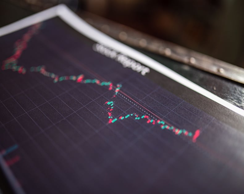 Stock market chart on a dark background with red and green candlestick lines and grid.
