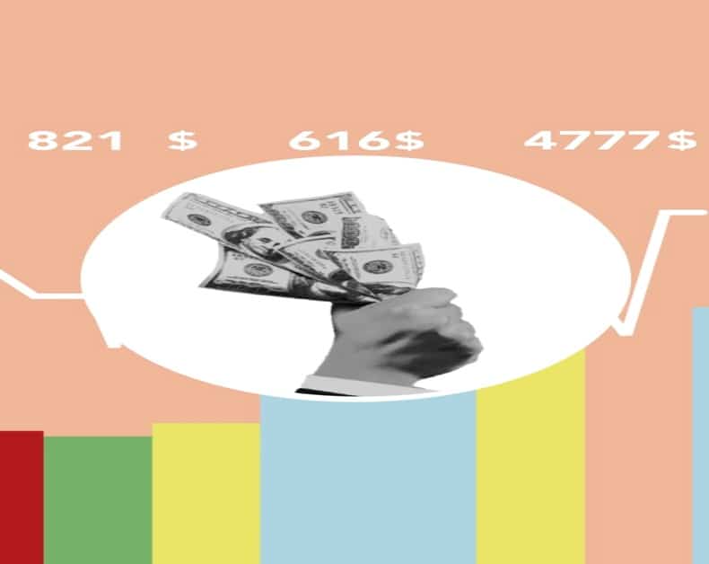 Hand holding a stack of dollar bills inside a white speech bubble over a multicolored bar chart design.